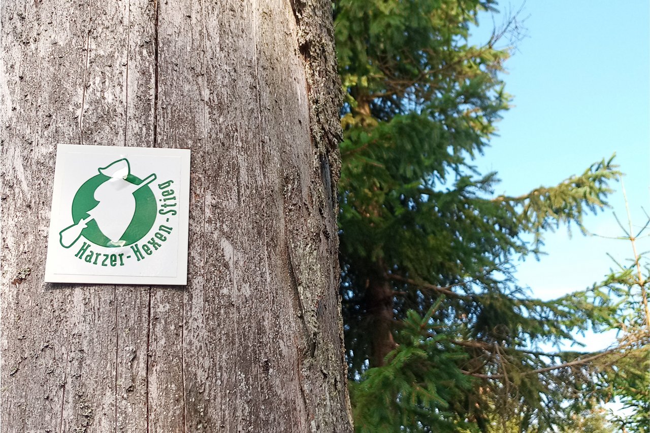 Wegweiser Harzer Hexenstieg an einem Baum