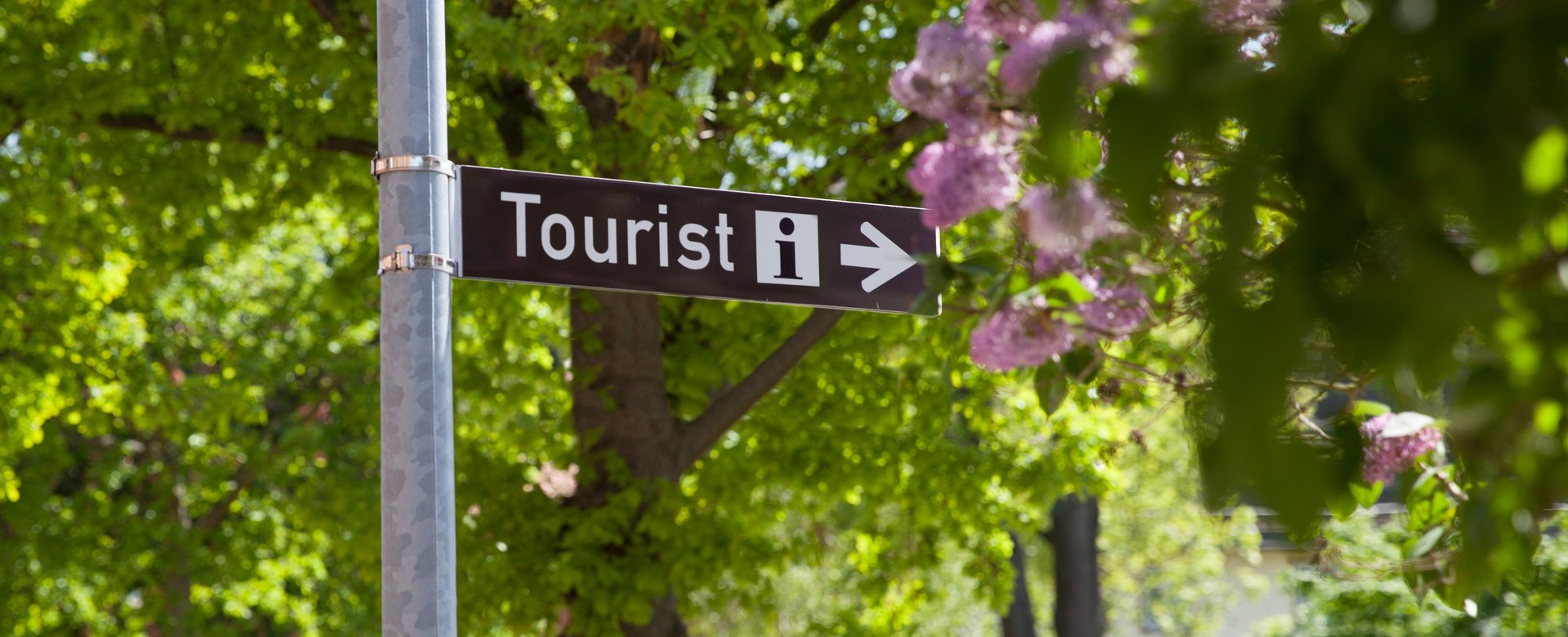 Nahaufnahme eines Straßenschildes mit der Aufschrift "Tourist-Information"