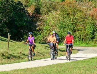 Vier Senioren auf dem Rad fahren auf einem ebenen Weg entlang