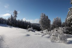 Winterlandschaft mit Fernblick bei klarem Wetter mit Sonnenschein
