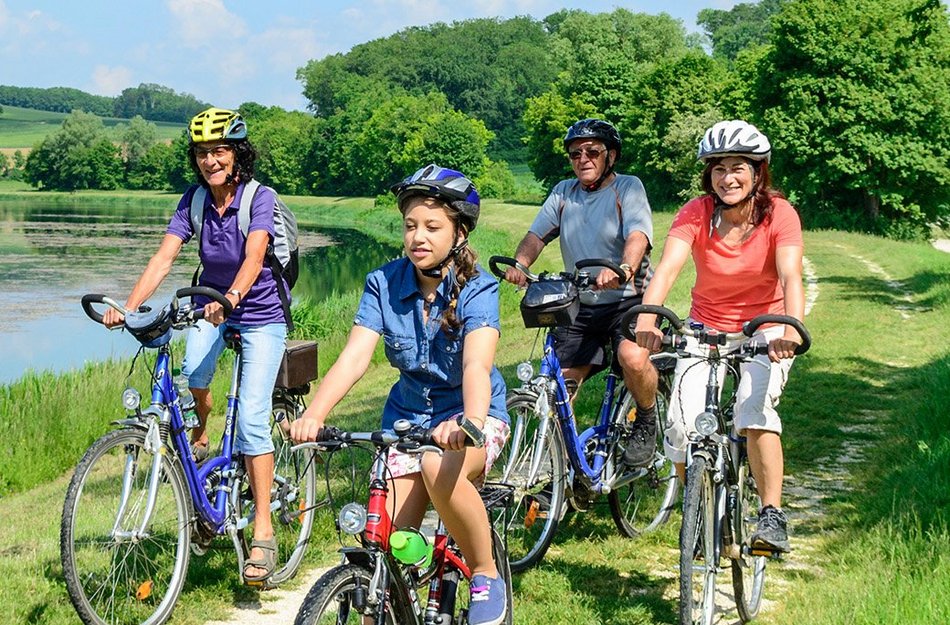 Familie fährt zusammen mit dem Rad am Wasser aus dem Wald entlang