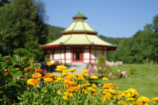 kleiner Pavillion im Kräuterpark Altenau bei klarem Himmel und Sonnenschein