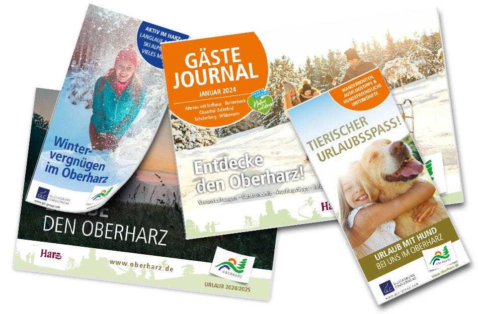 Vorschaubild von verschiedenen Printprodukten aus dem Oberharz