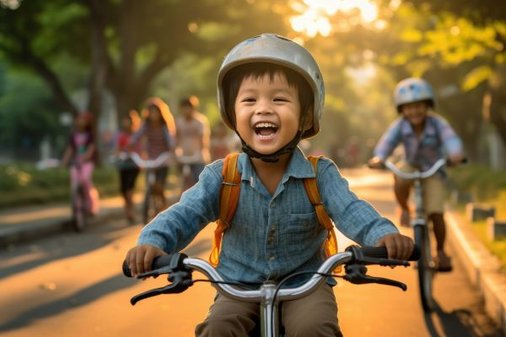mehrere Kinder fahren Fahrrad bei einem warmen Sommertag