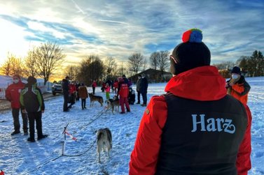 Frau steht mit Gästen und Hunden auf der Wiese 