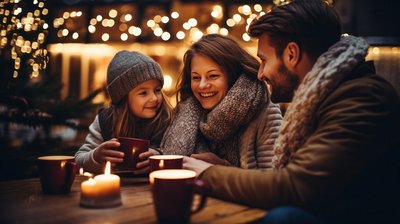 Familie sitzt im Winter draußen zusammen und trinkt heiße Getränke