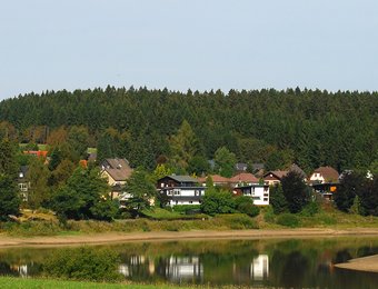 Blick auf Häuser am Teich