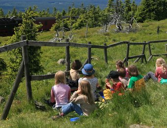 Kindergruppe sitzt in Gras auf dem Brocken