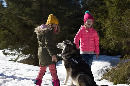 Zwei Mädchen und ein Hund stehen im Wald im Schnee