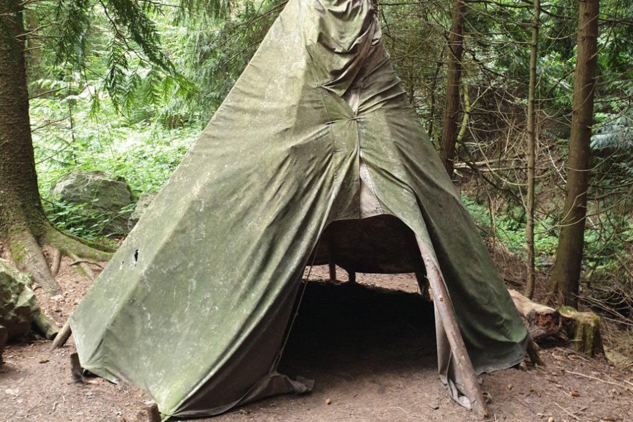 selbstgebauter Shelter aus Stöckern und einer Plane im Wald