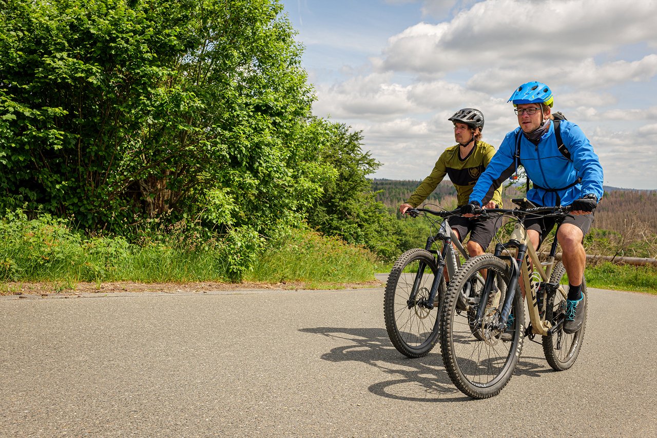 Zwei Radfahrer fahren auf einem breiten Weg an einem Wald vorbei