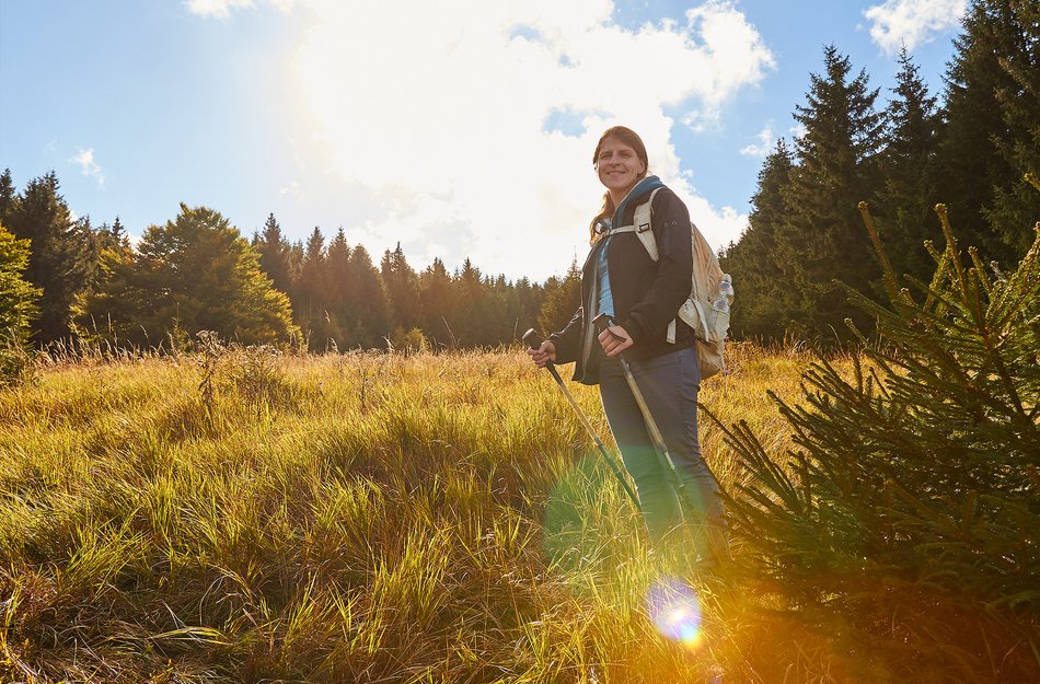 Frau steht mit Nordic-Walking Stöcken im Wald bei sonnigem Wetter