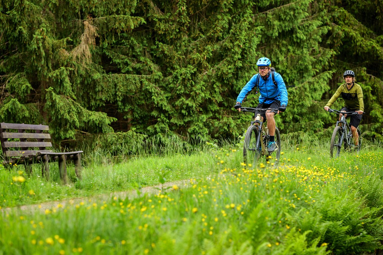 Zwei Radfahrer fahren auf einem Wiesenweg an einer Bank vorbei