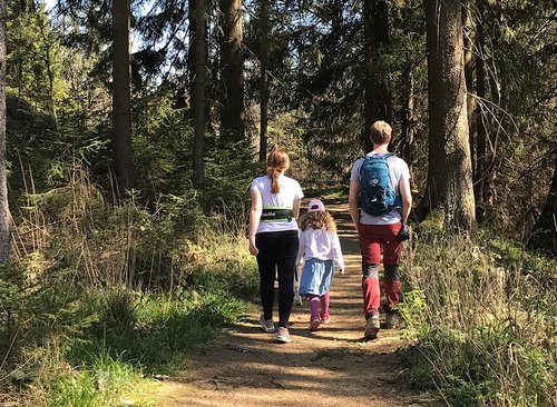Eine Familie wandert im Wald