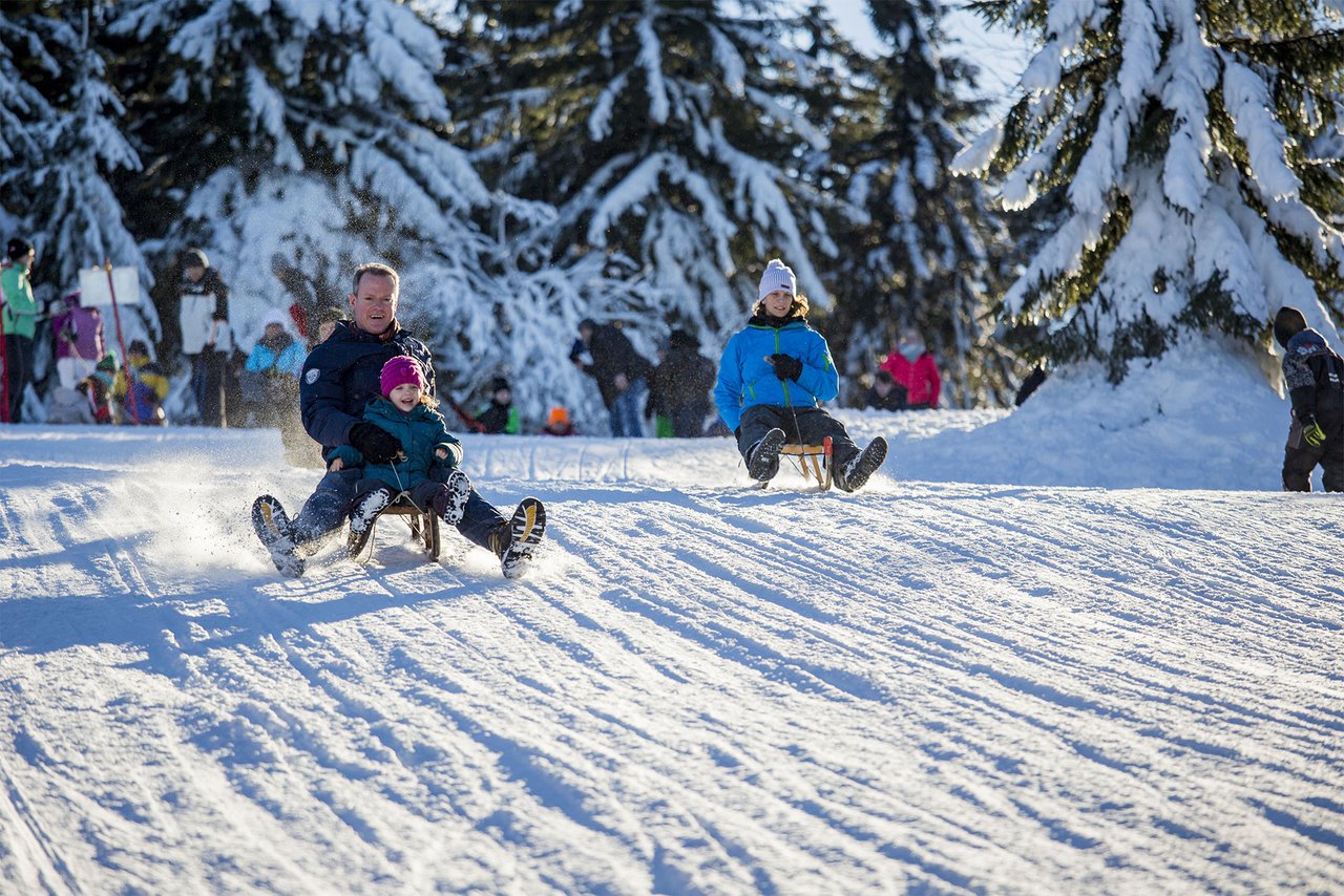 Familie rodelt im Winter 