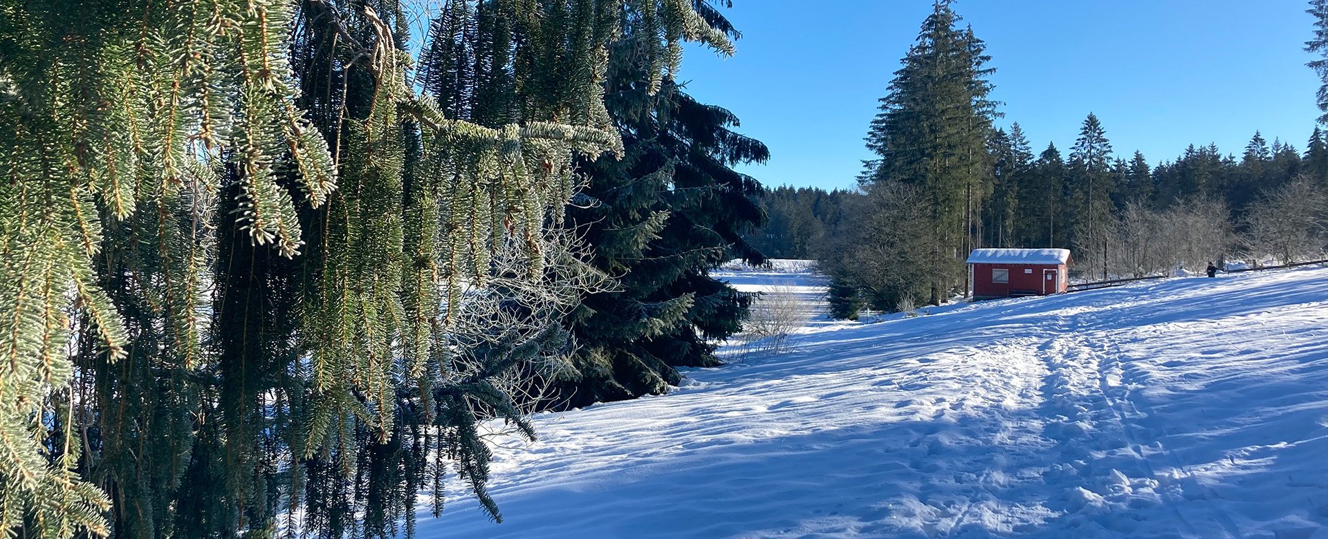 Winterliche Landschaft mit kleiner roten Hütten im Hintergrund bei sonnigem Wetter