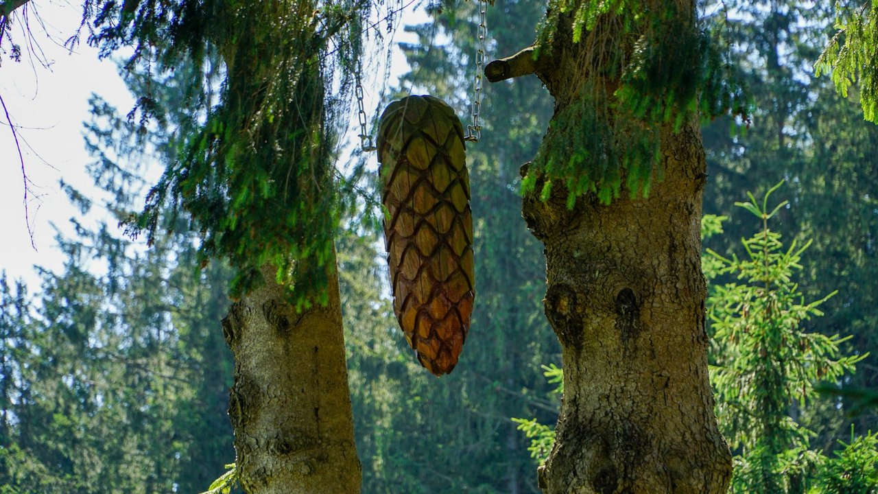 Geschnitzter Tannenzapfen hängt im Baum 