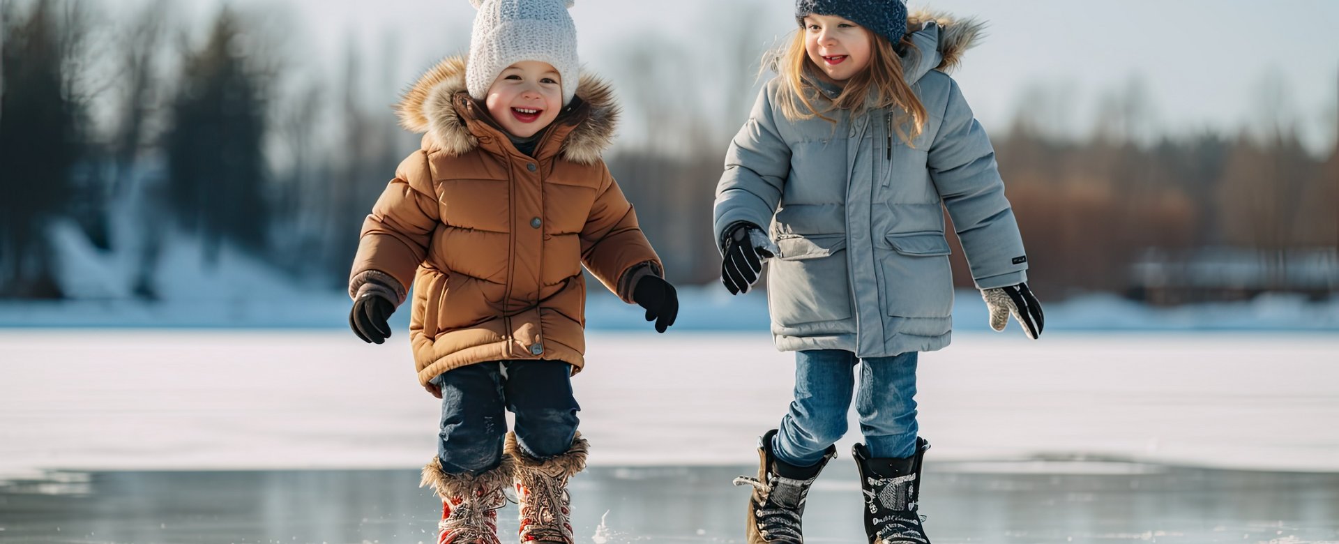 Zwei Kinder mit Eislaufschuhen fahren auf einem zugefrorenen See