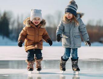 Zwei Kinder mit Eislaufschuhen fahren auf einem zugefrorenen See
