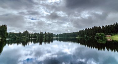 Blick auf einen Teich bei schlechtem Wetter