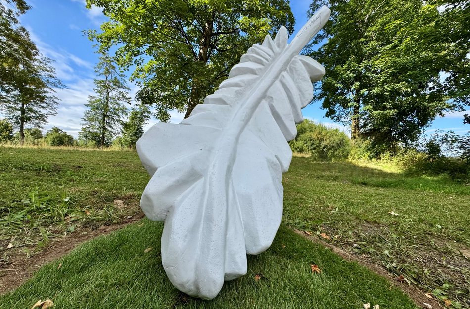 große Feder-Skulptur auf einer Wiese