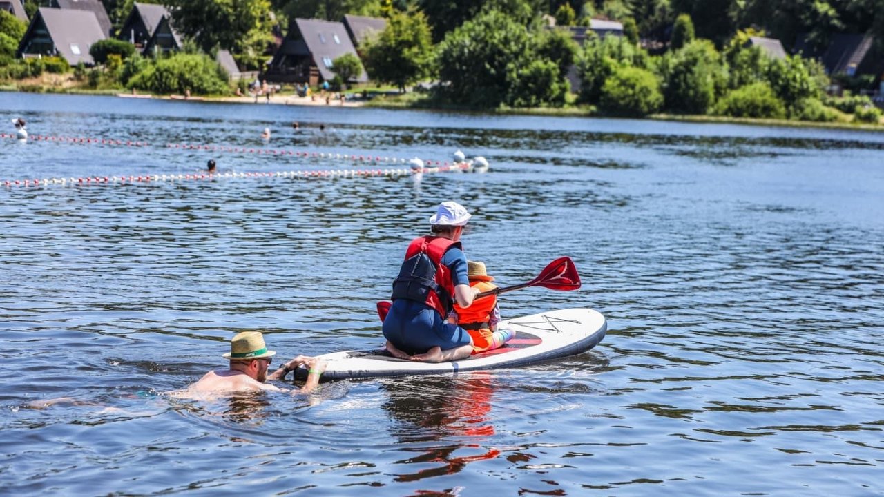 Mensch paddelt mit SUP auf dem Teich