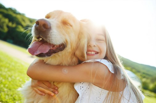 Mädchen umarmt Golden Retriever auf einer Wiese bei Sonnenschein